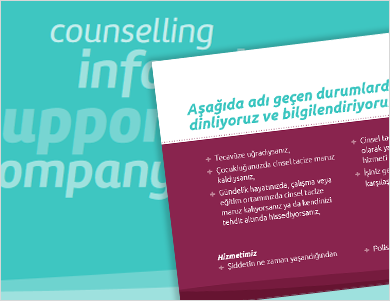 Grafik: Frauennotruf-Flyer, englisch und türkisch